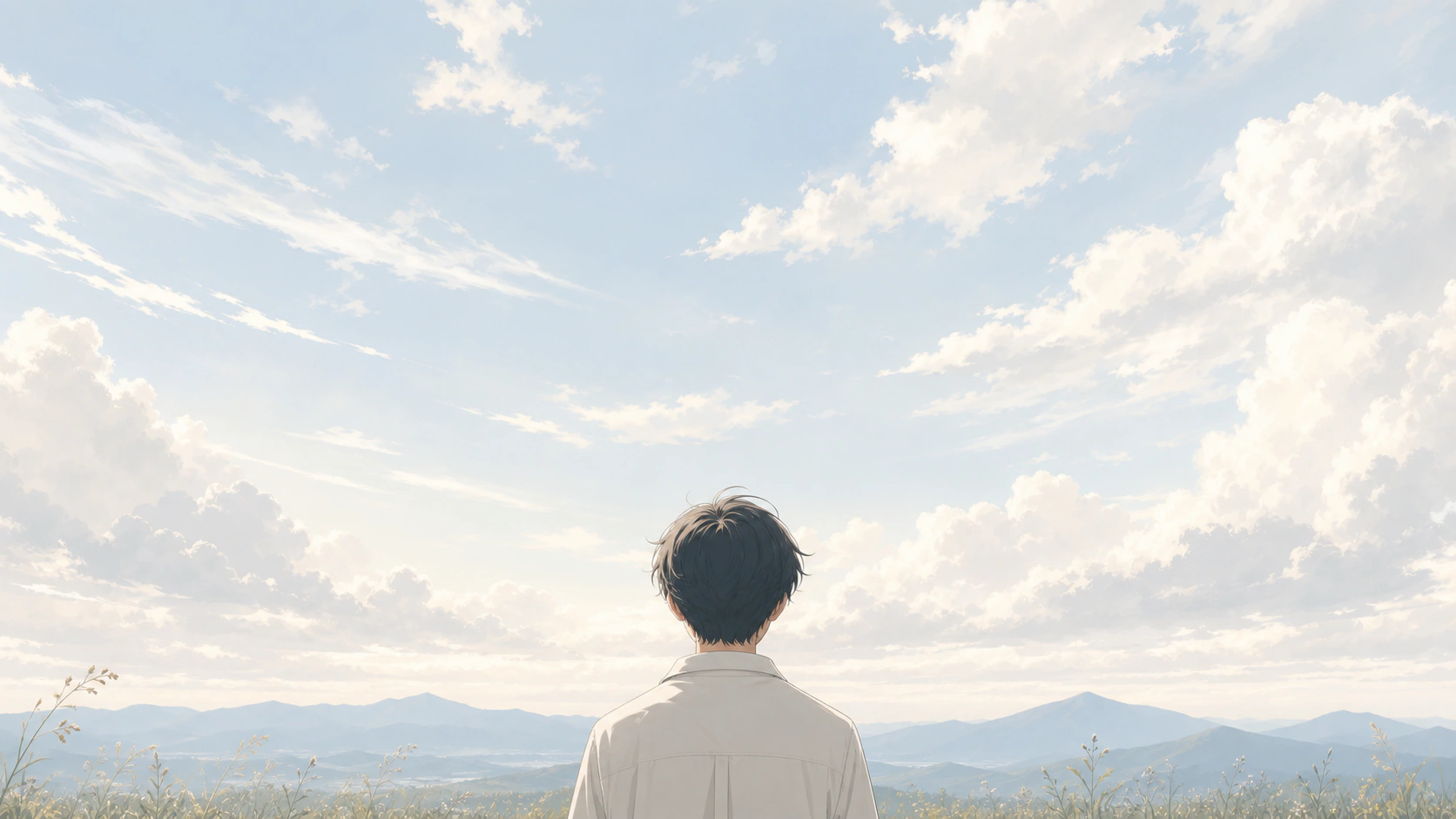 Illustrated cloudy landscape with a boy looking toward distant mountains